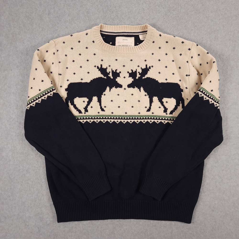 Weatherproof Vintage Mens Sz Large Cream Moose Holiday Winter Christmas Sweater
